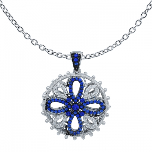 серебристый медальон с подвеской с синим и белым