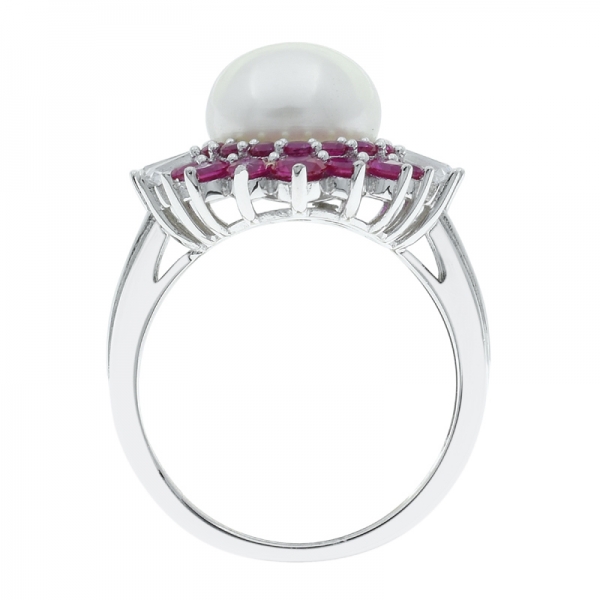 925 серебряное жемчужное кольцо с модным красным корундом и белым cz 