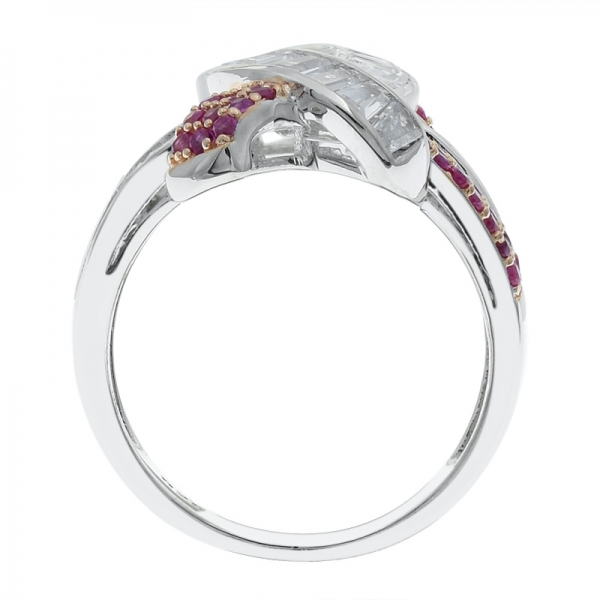 925 серебристо-красный корунд и белое cz замысловатое женское кольцо 