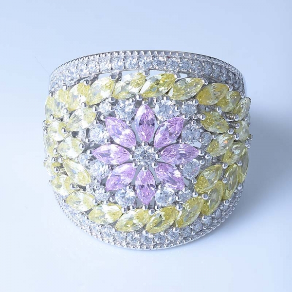 Модное кольцо из серебра 925 пробы с розовым / желтым цирконом 