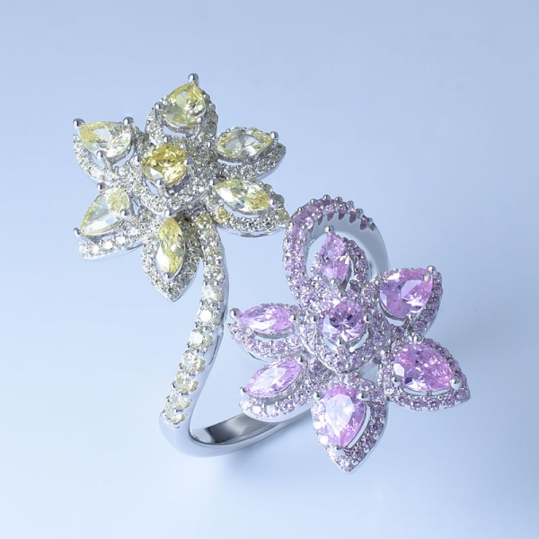 Серебро 925 пробы Красивое двойное цветочное кольцо с разноцветным цирконом / нано 
