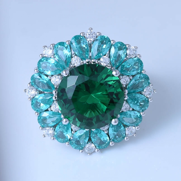 круглое зеленое изумрудное и параиба круглое родиевое кольцо по центру стерлингового серебра 