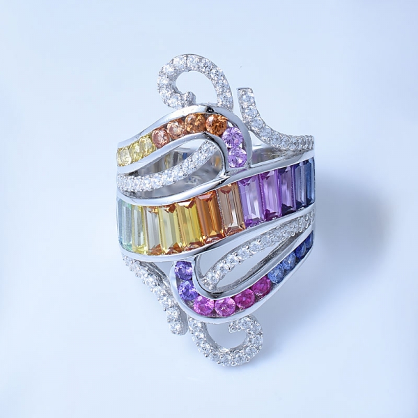 радуга многоцветный родий поверх стерлингового серебра дизайнерские кольца 