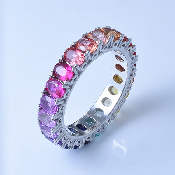 овальное многоцветное корунд родий поверх стерлингового серебра классическое кольцо вечности радуги 