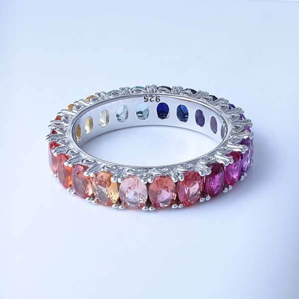 овальное многоцветное корунд родий поверх стерлингового серебра классическое кольцо вечности радуги 