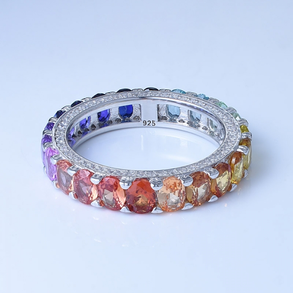 овальный вырез многоцветный корунд родий поверх стерлингового серебра женский радуга кольцо 