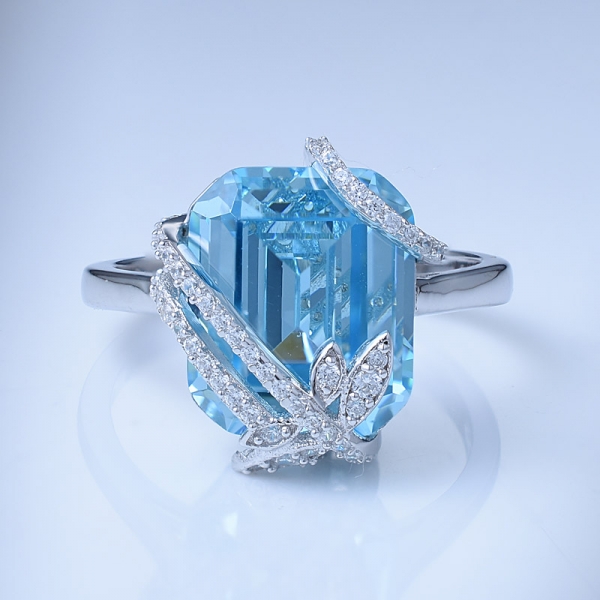 8.0ctw изумрудного огранки аква-синий CZ над стерлингового серебра цветок кольцо набор ювелирных изделий 
