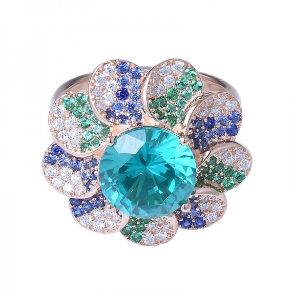 Оптовая стерлингового серебра кольцо с драгоценными камнями 4.0ct круглой огранки Paraiba синий топаз формы цветка кольцо 