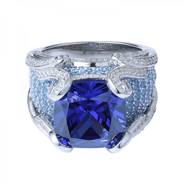 привлекательный довольно белый позолоченный серебряный цветок подушка синий танзанит бриллианты женщины обручальное кольцо 