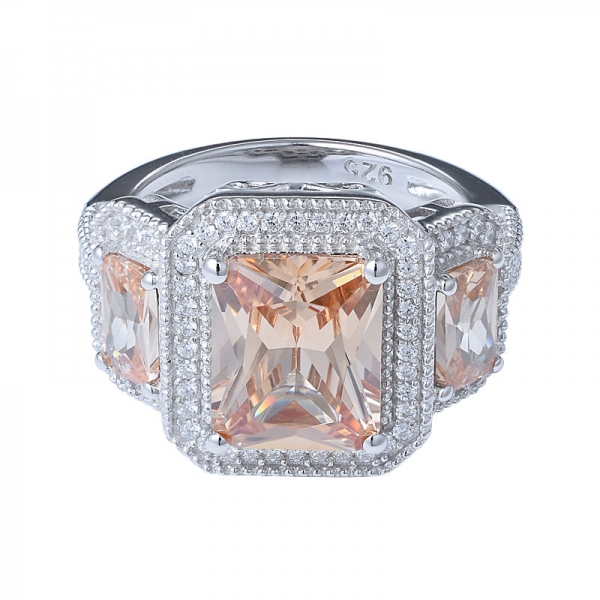 кристалл шампанского изумрудной формы, 3 камня, горный хрусталь и кольцо с гало из марказита 