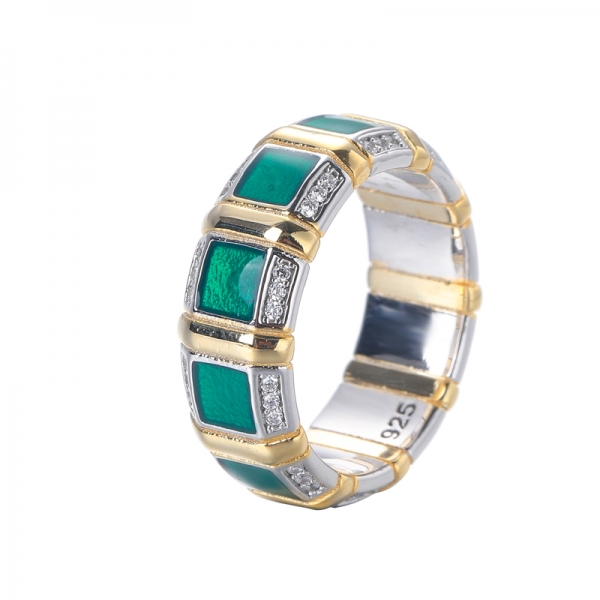  925 зеленая эмаль С белый CZ кольцо из желтого золота поверх стерлингового серебра 