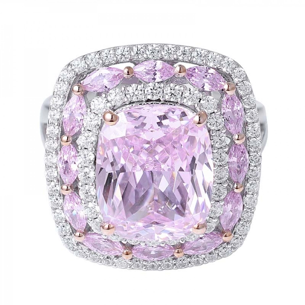 огранка кушон розовый бриллиант Симулянт родия поверх серебряного кольца с ореолом 