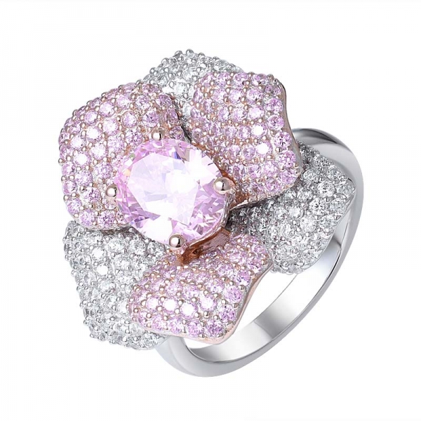 лаборатория создала розовый бриллиант 2ctw Кольцо с родием овальной огранки поверх серебряного цветка розы 