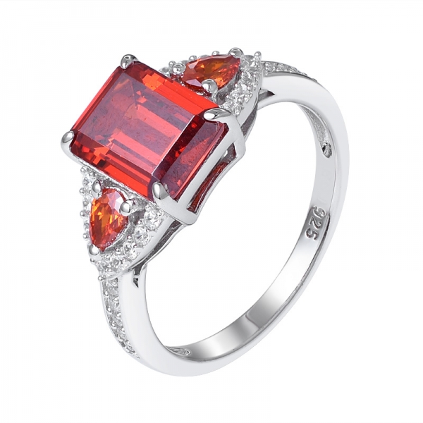оранжевый изумруд огранки CZ Обручальное кольцо с родием поверх стерлингового серебра с 3 камнями 