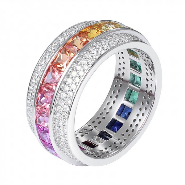 Кольцо вечности из стерлингового серебра с радужным кристаллом, квадратный синтетический цветной сапфир, драгоценный камень, родий 