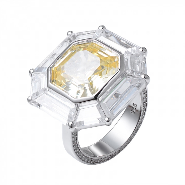  Ашер огранка имитирует желтый бриллиант родий поверх кольца из стерлингового серебра 
