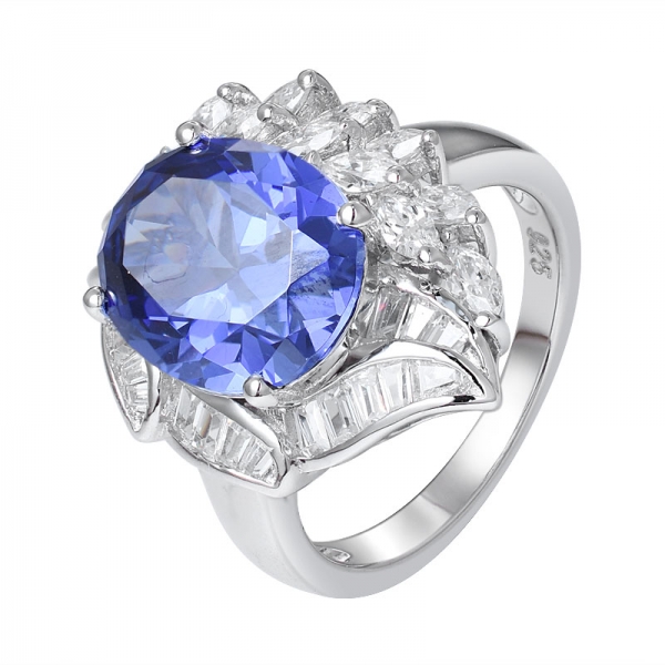 синий Танзанит смоделированный CZ овальный камень родий поверх обручального кольца для женщин 