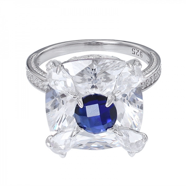  Вверх и вниз Обручальное кольцо из стерлингового серебра с двойным камнем, синий сапфир, родий 