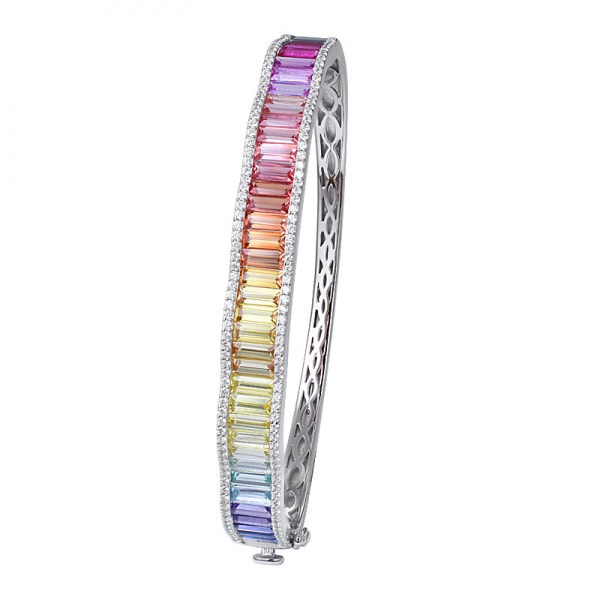 Разноцветный сапфировый синтетический родий багетной огранки поверх радужного браслета из стерлингового серебра 