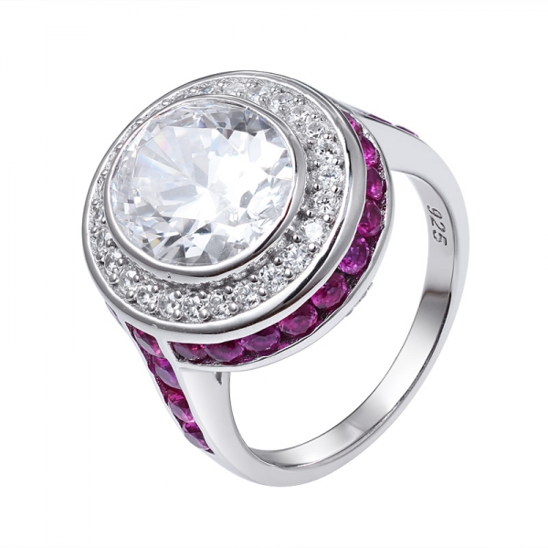 овал белый CZ & Рубин корунд родий поверх 925 обручальное кольцо из стерлингового серебра 