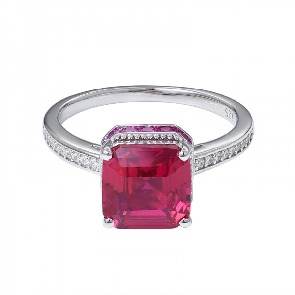Женское обручальное кольцо из стерлингового серебра с рубином квадратной огранки и родием 