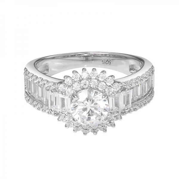 круглое бриллиантовое обручальное кольцо с ореолом из серебра с кубическим цирконием и родием 