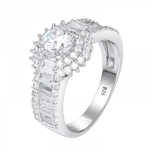 круглое бриллиантовое обручальное кольцо с ореолом из серебра с кубическим цирконием и родием 