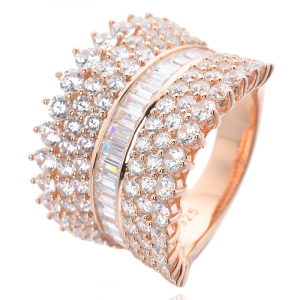 Багет нарезанный белый кубический цирконий Розовое золото над вовлеченным кольцом стерлингового серебра 