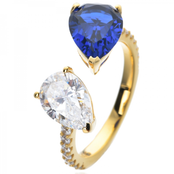 Синий Сапфир и белый Кубический цирконий груша вырезать желтое золото через стерлинговое серебро Sapphire обручальное кольцо 
