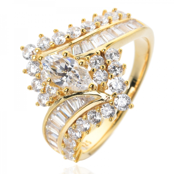 Багет из стерлингового серебра с покрытием из желтого золота & marquse Обручальное кольцо с кубическим цирконием ступенчатой ​​огранки 