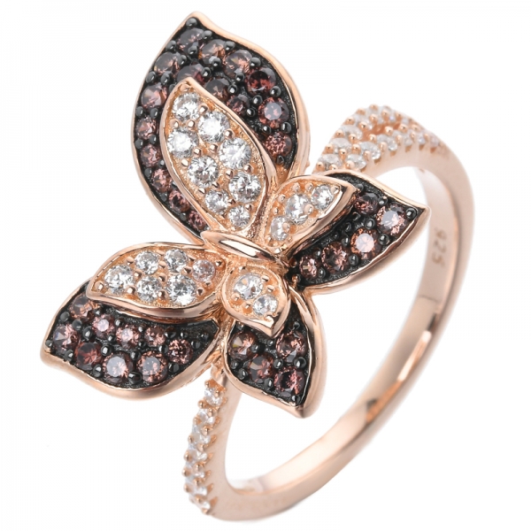 Коктейльное кольцо бабочка из стерлингового серебра с покрытием из розового золота с белым & Chocolate Color CZ 