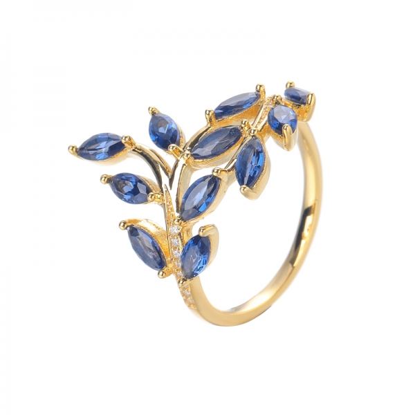 создан синий сапфир драгоценный камень позолоченное желтое золото стерлинговое серебро оливковое обручальное кольцо в форме листа 