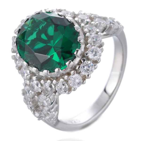 овальное кольцо из стерлингового серебра 925 пробы с зеленым нано-изумрудом и белым кубическим цирконием 