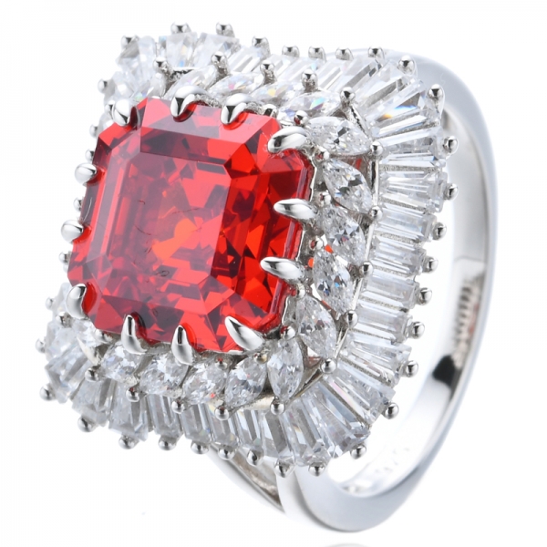 Кольцо Asscher Cut Padparadscha с кубическим цирконом в центре, родиевое покрытие, серебряное кольцо
 