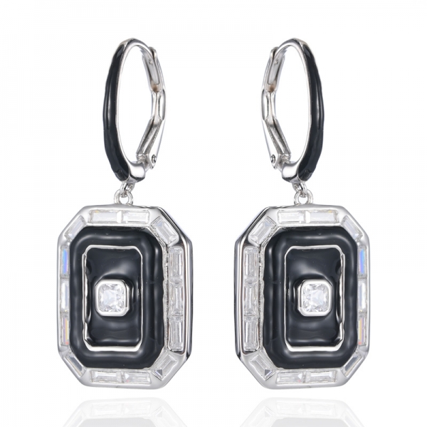 Серьги с подвесками из серебра 925 пробы с белым кубическим цирконием и черной эмалью
 