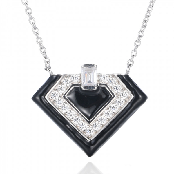 925 Черная эмаль Белая кубическая циркония с родиевым покрытием Серебряное ожерелье
 