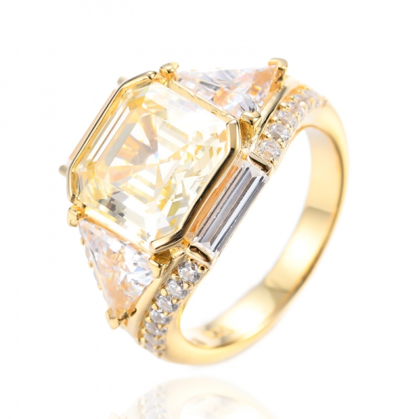 925 Asscher Cut Canary Cubic Zirconia Center 18K Желтое золото Покрытие Серебряное кольцо
 