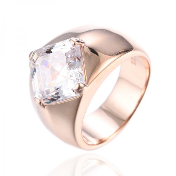 925 Asscher Cut Белый кубический цирконий 18-каратного розового золота Полированное серебряное кольцо
 