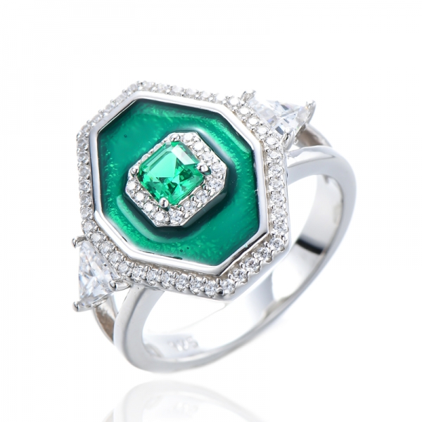 Зеленые изумрудные драгоценные камни с эмалью Серебряные кольца
 