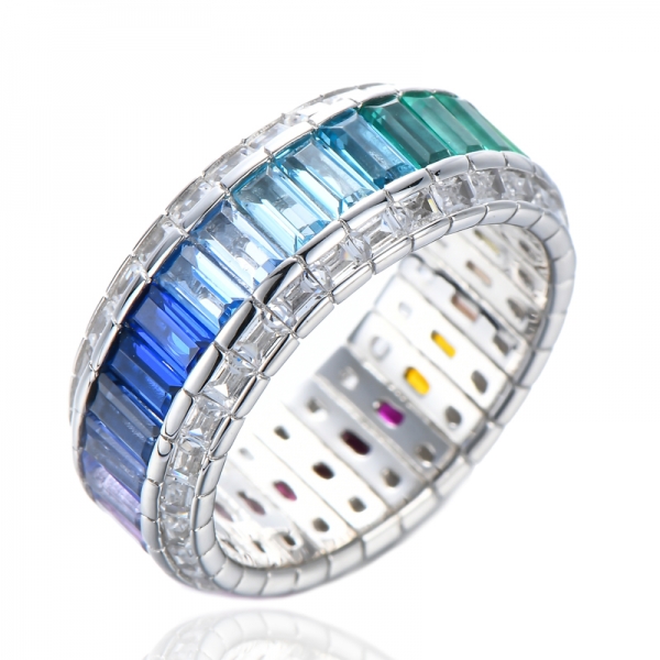 Кольцо из стерлингового серебра 925 пробы с родиевым покрытием багетной огранки, имитация синей шпинели и кубического циркония, кольцо вечности 