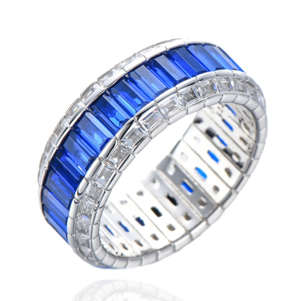 Кольцо из стерлингового серебра 925 пробы с родиевым покрытием багетной огранки, имитация синей шпинели и кубического циркония, кольцо вечности 