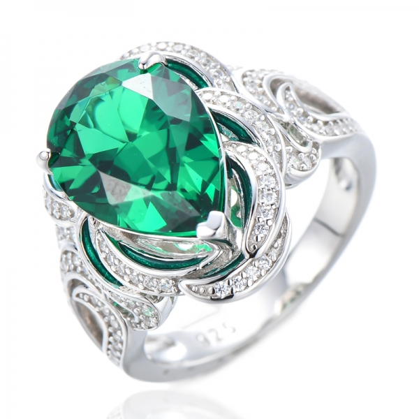 Женское кольцо из стерлингового серебра 925 пробы с зеленым нано-изумрудом (груша 10 * 14 мм) 