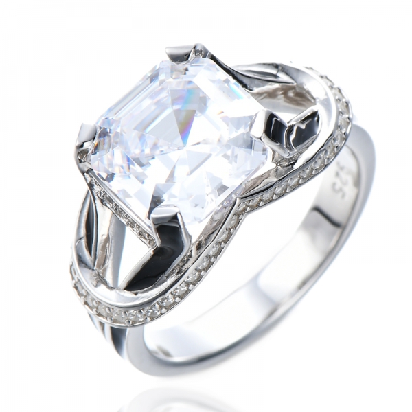 Помолвочное кольцо с эмалью из стерлингового серебра с бесцветным кубическим цирконием Asscher 