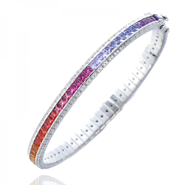 Многоцветный браслет из стерлингового серебра с радугой и драгоценными камнями квадратной огранки
         