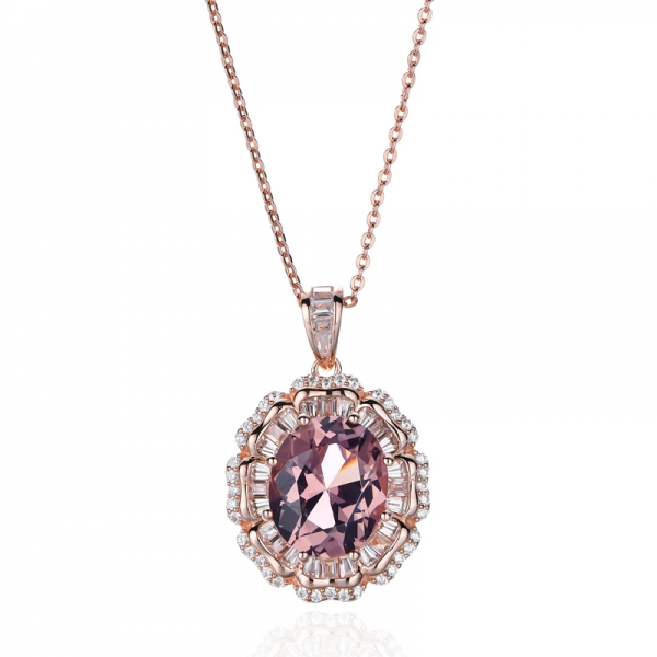 Oval Shape Morganite Nano And White Cubic Zircon Silver Pendant Whit Rose Gold Plating 