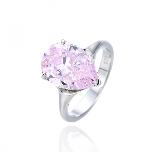 Серебряное кольцо с розовым фианитом и родием в форме груши 