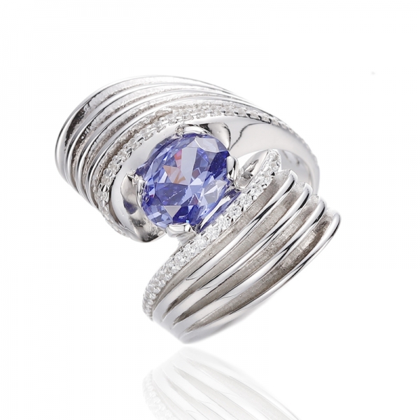 925 Oval Tanzanite And Round White Cubic Zircon Rhodium Silver Ring 