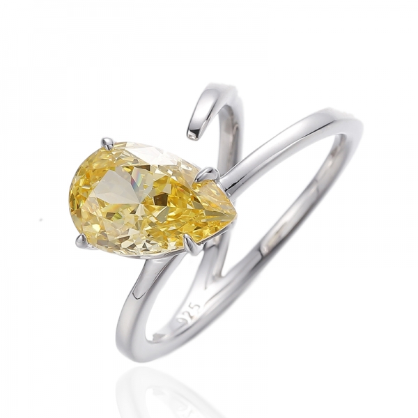 Pear Shape Diamond Yellow Cubic Zircon Rhodium Silver Ring 