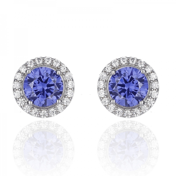 Round Tanzanite And White Cubic Zircon Rhodium Silver Earring 