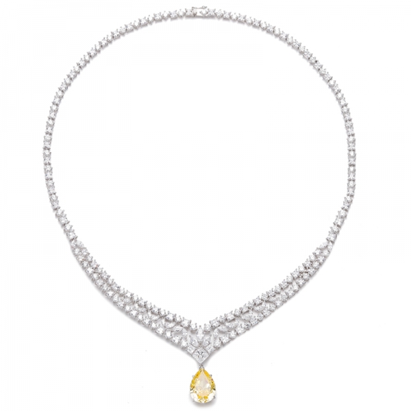 925 Pear Shape Diamond Yellow And White Cubic Zircon Rhodium Silver Necklace 